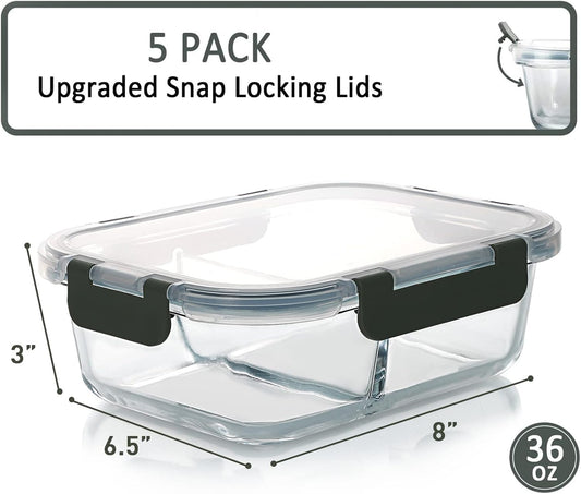 M MCIRCO 36 oz 2 Compartments Glass Meal Prep Containers set of 5 and 30Pcs Glass Food Storage Containers Set