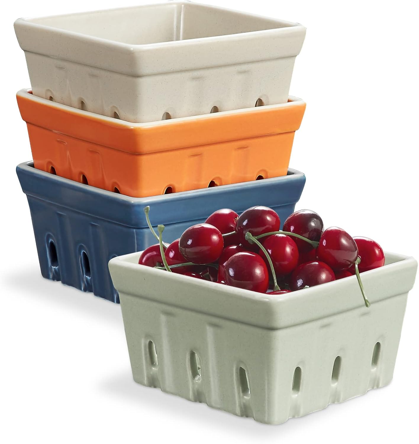 ONEMORE Ceramic Berry Basket, Square Fruit Bowls, Rustic Stoneware Berry Colander Set of 2, 5.7 inch, Gray & Light Green