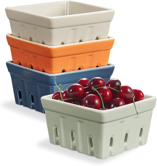 ONEMORE Ceramic Berry Basket, Square Fruit Bowls, Rustic Stoneware Berry Colander Set of 2, 5.7 inch, Gray & Light Green