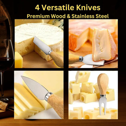 8" Round Wood Cheese Board with 4 Knives – Charcuterie Board Set with Swivel Slide-Out Drawer, Juice Groove, Compact Serving Board for Entertaining, Gifts & Travel