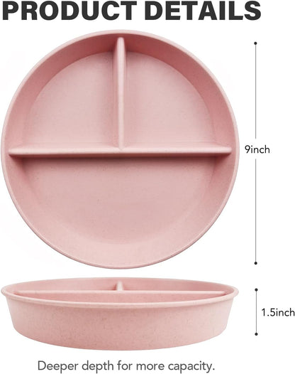 greenandlife 9 Inch 4PCS Portion Control Plates with Lids, Divided Plates for Kids Adults, Dishwasher Microwave Safe Compartment Plate, Unbreakable Lightweight Reusable Wheat Straw Plate, Earth Tone