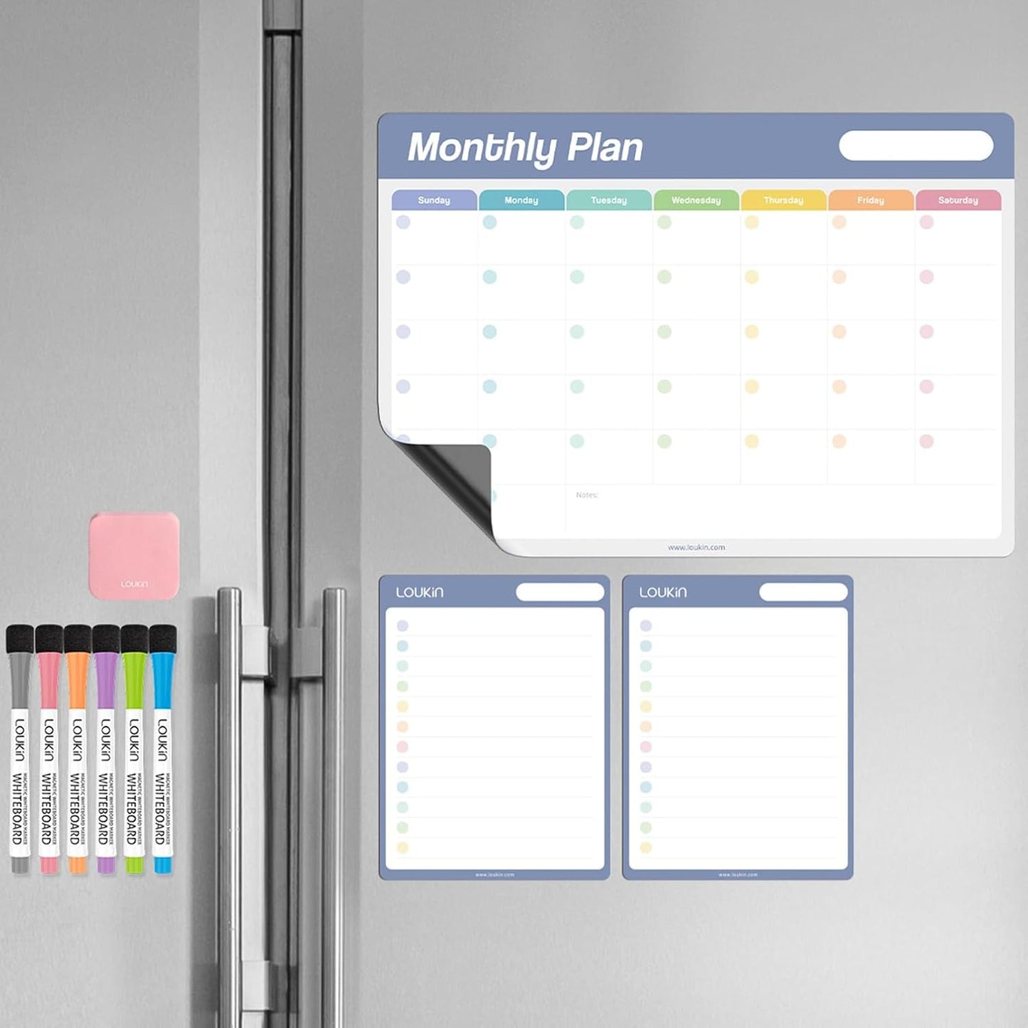 loukin Dry Erase Checklists 4 Pack, Electrostatic Clings to Any Shiny Surface, 7.9"×5.9" Whiteboard Shopping List, Reusable to do List for Office, Classroom, Refrigerator, 6 Markers&1 Eraser Included