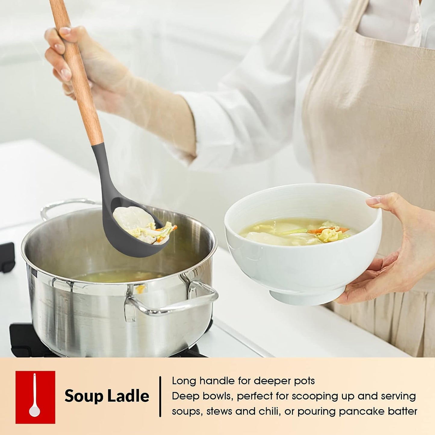 E-far Cooking Utensils Set of 6, Silicone Kitchen Utensils with Wooden Handle, Non-stick Cookware Friendly & Heat Resistant, Includes Spatula/Ladle/Slotted Turner/Serving Spoon/Spaghetti Server(Khaki)
