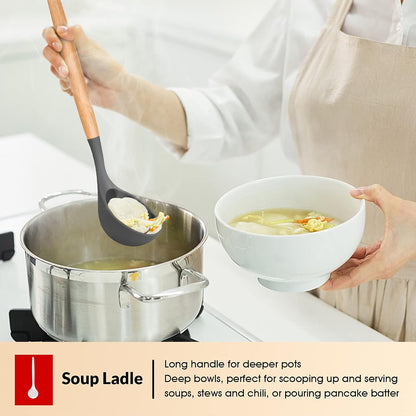 E-far Cooking Utensils Set of 6, Silicone Kitchen Utensils with Wooden Handle, Non-stick Cookware Friendly & Heat Resistant, Includes Spatula/Ladle/Slotted Turner/Serving Spoon/Spaghetti Server(Khaki)
