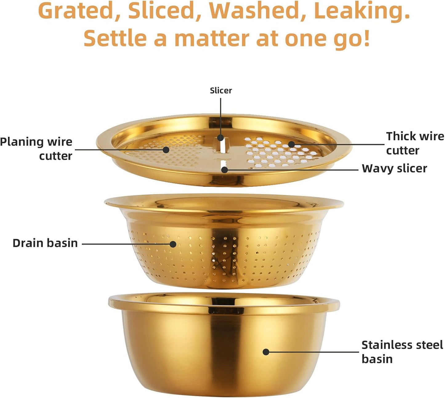 DOCBLACK Colander, 3Pcs Stainless Steel Kitchen Tool 3 in 1 Drain Basket Fruit and Vegetable Cutter Strainer Bowl Set Drain Pot Basket Grater for Fruits Vegetables Rice Washing Mixing - Gold