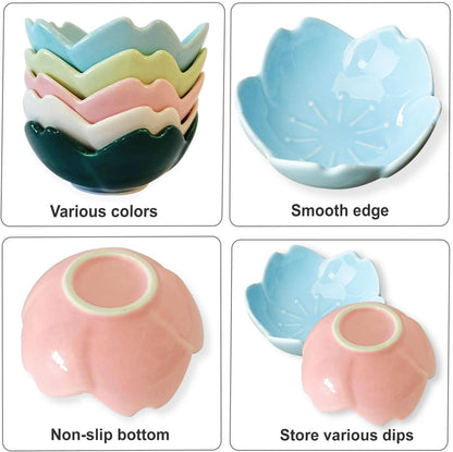 WHJY Light Green Cherry Blossom Dish Set, Cute Pink Ceramic Plates, Sauce/Seasoning Dish, Sushi Dishes, Soy Dipping Bowl, Dessert, Appetizer Plates, Serving Dish for Kitchen Home – Set of 5