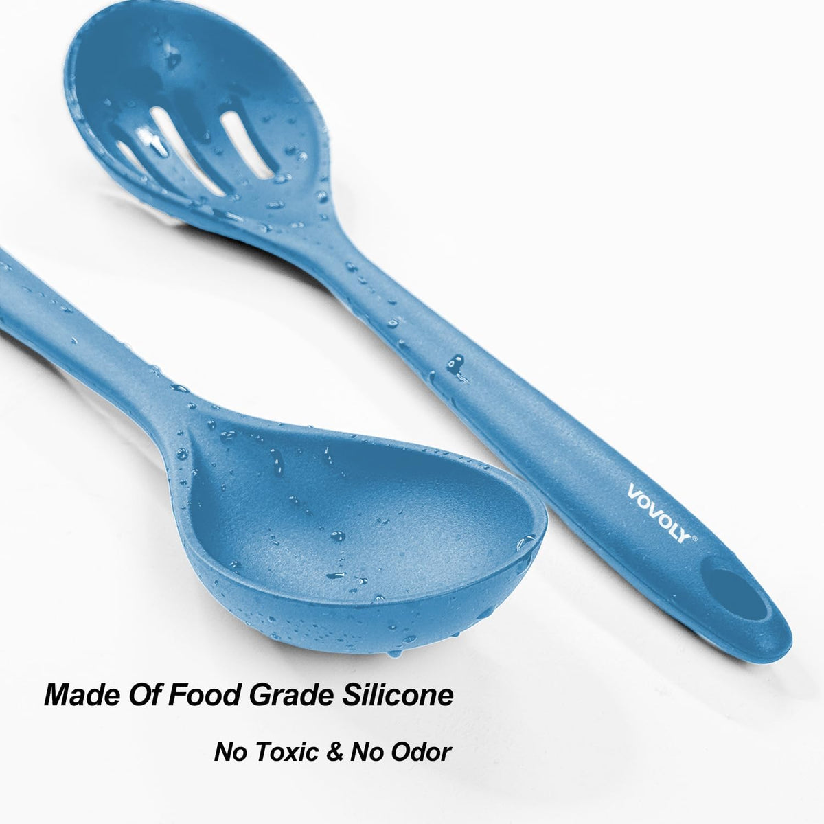 VOVOLY Silicone Spoons for Cooking, Solid & Slotted Spoon Set, Med, Black