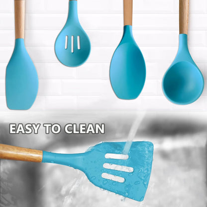Kitchen Cooking Utensils Set, 6Pcs Silicone Kitchen Utensils Set Spatula Spoon Soup Ladle Turner, Heat Resistant Wooden Handle Silicone Cooking Gadgets for Nonstick Cookware & Baking BPA FREE