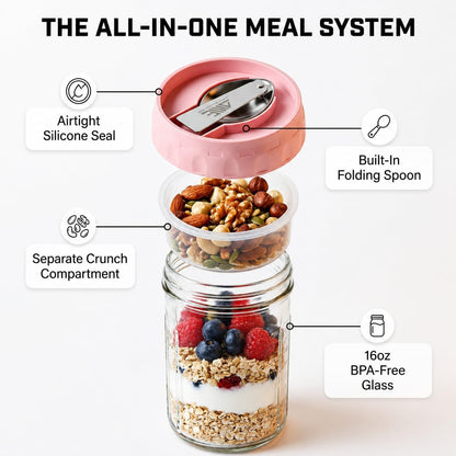 Overnight Oats Containers with Lids, 4 Pack 16 Oz Glass Mason Jars - Leakproof Meal Prep Jars, Separate Compartment, Folding Spoon, Yogurt Parfait Cups, Stackable, BPA Free