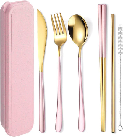 AARAINBOW 6 Pieces 18/8 Stainless Steel Flatware Set Portable Reusable Cutlery Set Travel Utensils Set Including Chopsticks Knife Fork Spoon Straws Cleaning Brush Dishwasher Safe (Green golden)