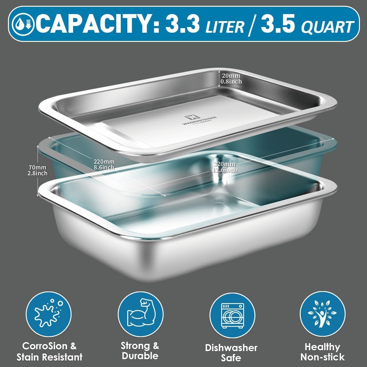 Stainless Steel Food Prep Container with Rack & Lid (Tray), 4.54Quarts, Catering Pans, Restaurant Pans, Buffet Party pan, Roasting Pan with Rack, Bakeware Roaster, Casserole (1307 / No7)