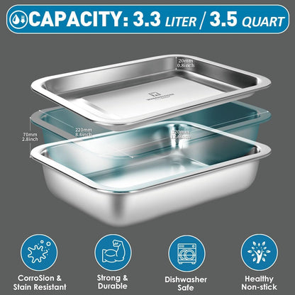 Stainless Steel Food Prep Container with Rack & Lid (Tray), 4.54Quarts, Catering Pans, Restaurant Pans, Buffet Party pan, Roasting Pan with Rack, Bakeware Roaster, Casserole (1307 / No7)