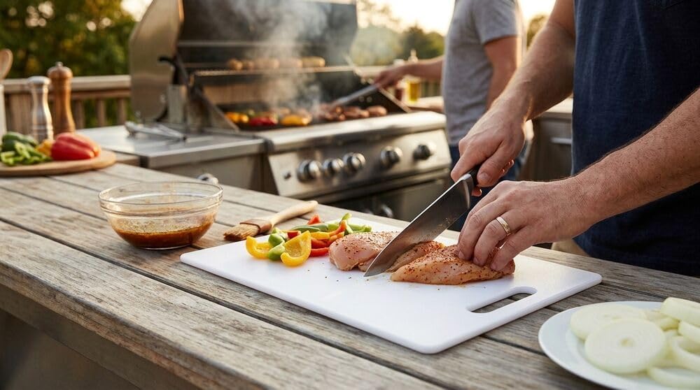 FARBERWARE Large Cutting Board, Dishwasher- Safe Plastic Chopping Board for Kitchen with Easy Grip Handle, 11in by 14in, White