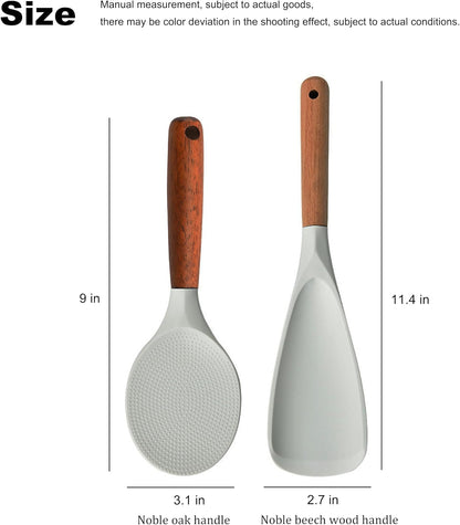 Silicone Spatula and Rice Spoon with Wooden Handle, Non-Stick, Heat Resistant, for Cooking, Mixing, Scooping (White, 9-inch rice spoon)