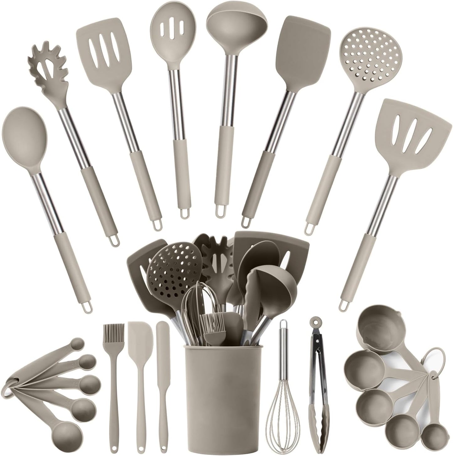 Silicone Kitchen Utensils Set 34 Pieces 450 °F Heat Resistant - Grey Cooking Utensils-Set for Nonstick Cookware - Silicone Spatulas Set, Stainless Steel Handle & Other Kitchen accessories