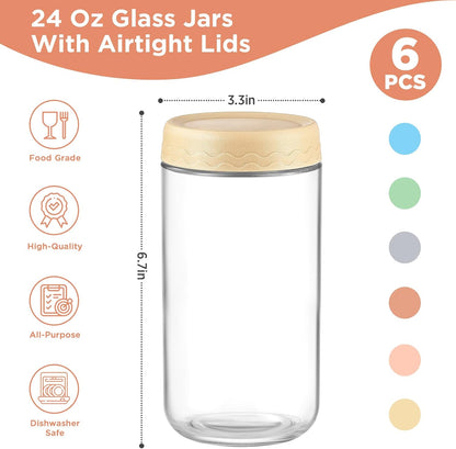 DRKIO 16 Oz Overnight Oats Containers with Lids - 6 Pack Glass Storage Jars with Airtight Lids Wide Mouth Mason Food Jars Great for Meal Prep Salad Chia Pudding Snacks Yogurt Sugar Spice Cereal