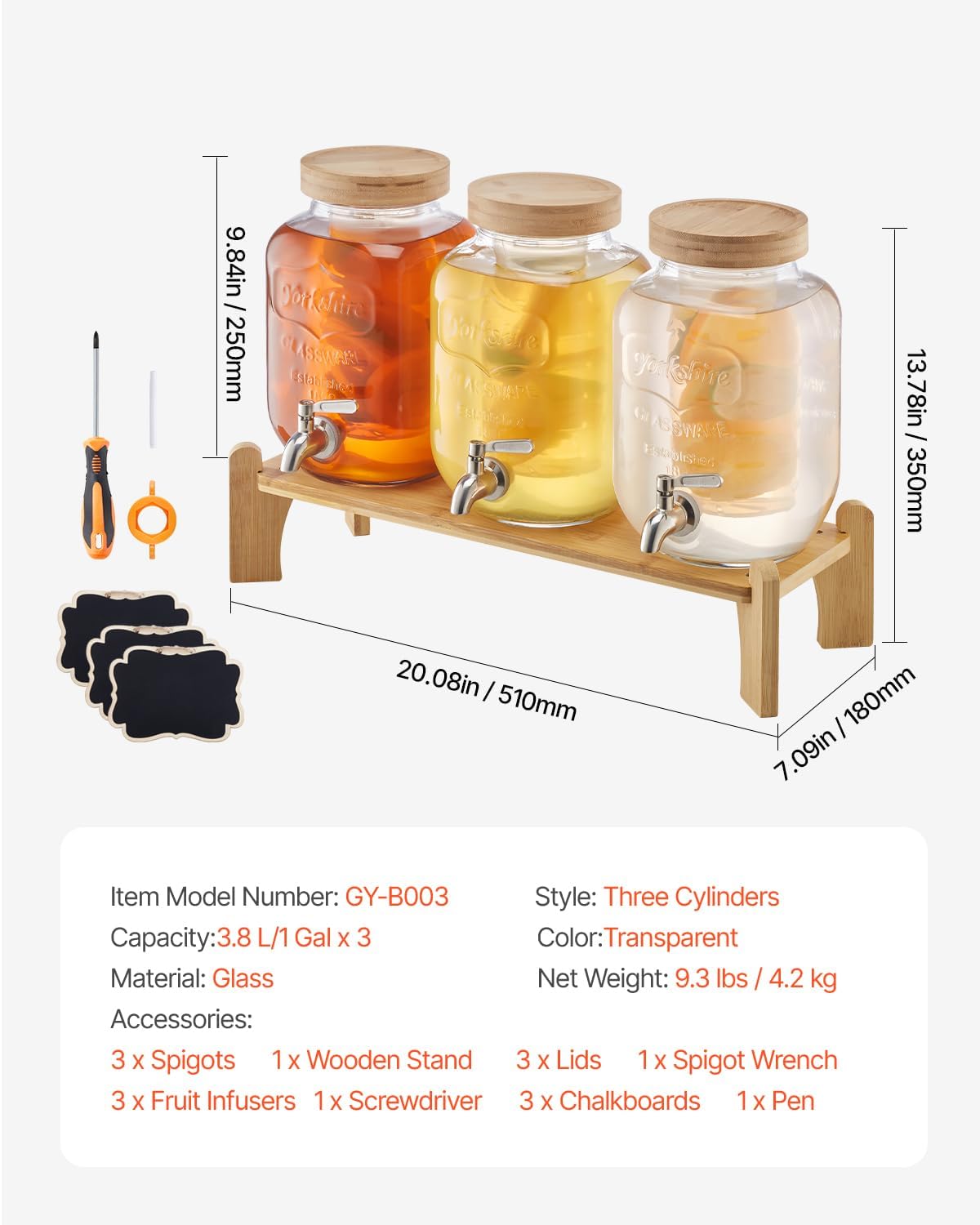VEVOR Beverage Dispenser, 3 Pack 2 Gallon Drink Dispensers for Parties, Glass Juice Dispenser with Metal Stand, Stainless Steel Spigot, Infuser, Iced Tea Lemonade Juice Water Dispensers for Parties