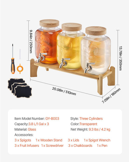 VEVOR Beverage Dispenser, 3 Pack 2 Gallon Drink Dispensers for Parties, Glass Juice Dispenser with Metal Stand, Stainless Steel Spigot, Infuser, Iced Tea Lemonade Juice Water Dispensers for Parties