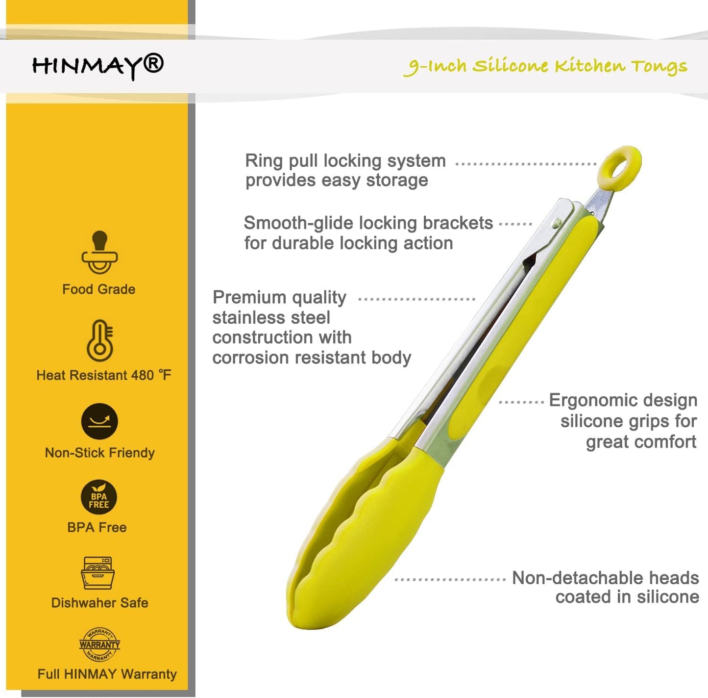 HINMAY Stainless Steel Kitchen Tongs 9-Inch Cooking Tongs, Set of 3