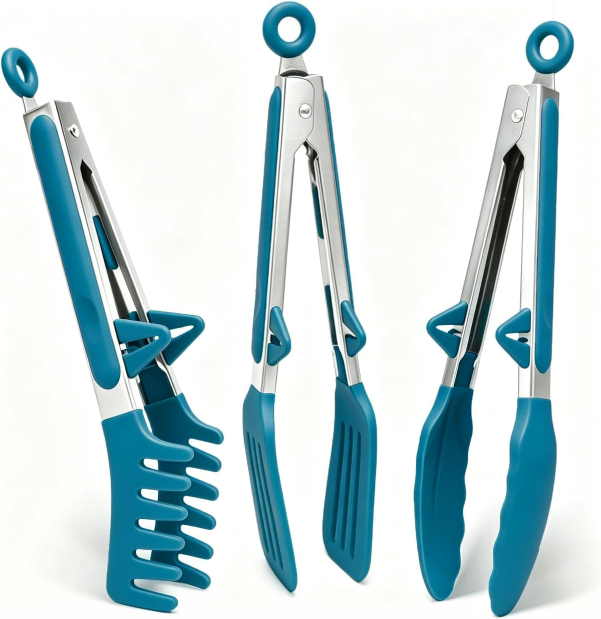 9" Kitchen Tongs for cooking with Silicone Tips, 3Pcs Serving Tongs, Blue