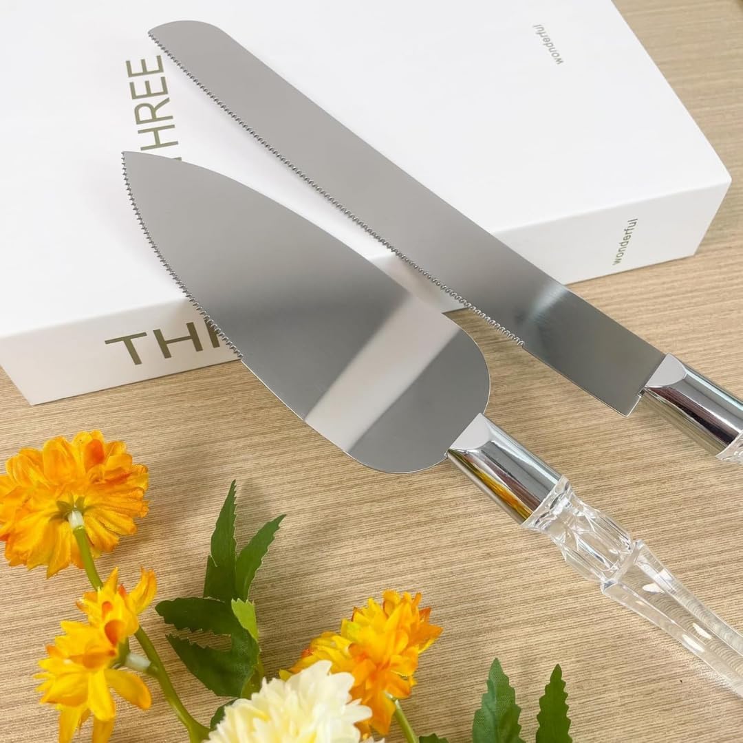 Adorox Elegant Cake Knife and Server Set - Stainless Steel with Crystal Handle - Perfect for Weddings & Anniversaries,and Special Celebrations (Sliver)