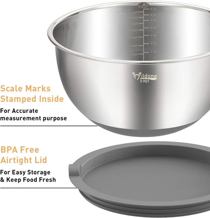 Wildone Mixing Bowls with Airtight Lids Set, 5PCS Stainless Steel Khaki Nesting Bowls for Kitchen, with Grater Attachments & Non-Slip Bottoms, Size 5, 3, 2, 1.5, 0.63 QT, Great for Mixing & Serving