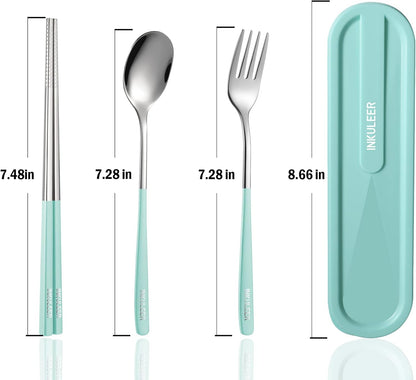 iNKULEER Travel cutlery set, 18/8 stainless steel cutlery, Reusable utensils set with case, Portable Silverware Lunch Box for Camping and Office (Pink)