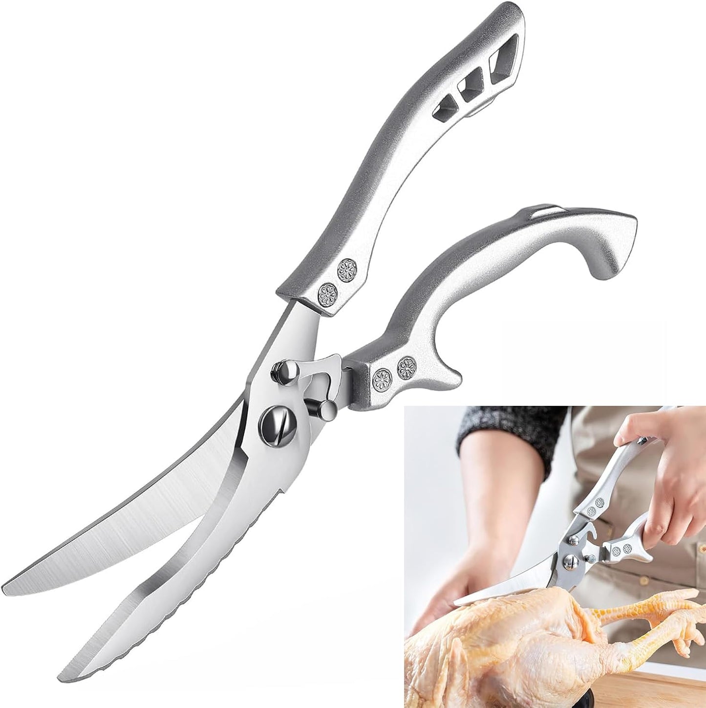 Heavy Duty Stainless Steel Kitchen Shears – Poultry Scissors; suitable for bone, meat, chicken, fish, turkey, and vegetables; spring-loaded, multi-functional, ultra-sharp, and practical