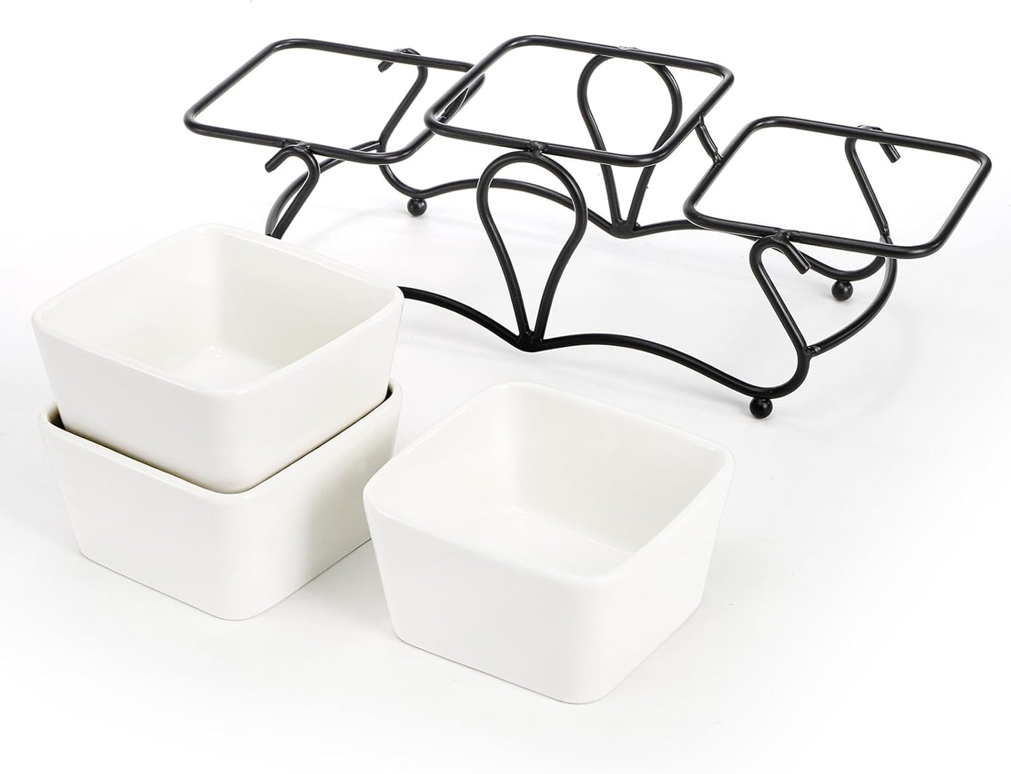 Eorbow 10 OZ Square Bowl Chip & Dip Serving Set, 3 Pieces Ceramic Condiment Server with Metal Stand, Serving Dish Tray for Party Entertaining, Small Snack Platters for Side Dish Appetizer Nuts