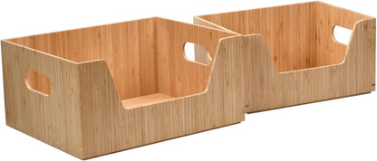 Bamboo Storage Box with Open Front Stackable Bin Organizer to use in kitchen pantries, cabinets and countertops, 14 x 11 x 6.5 inches