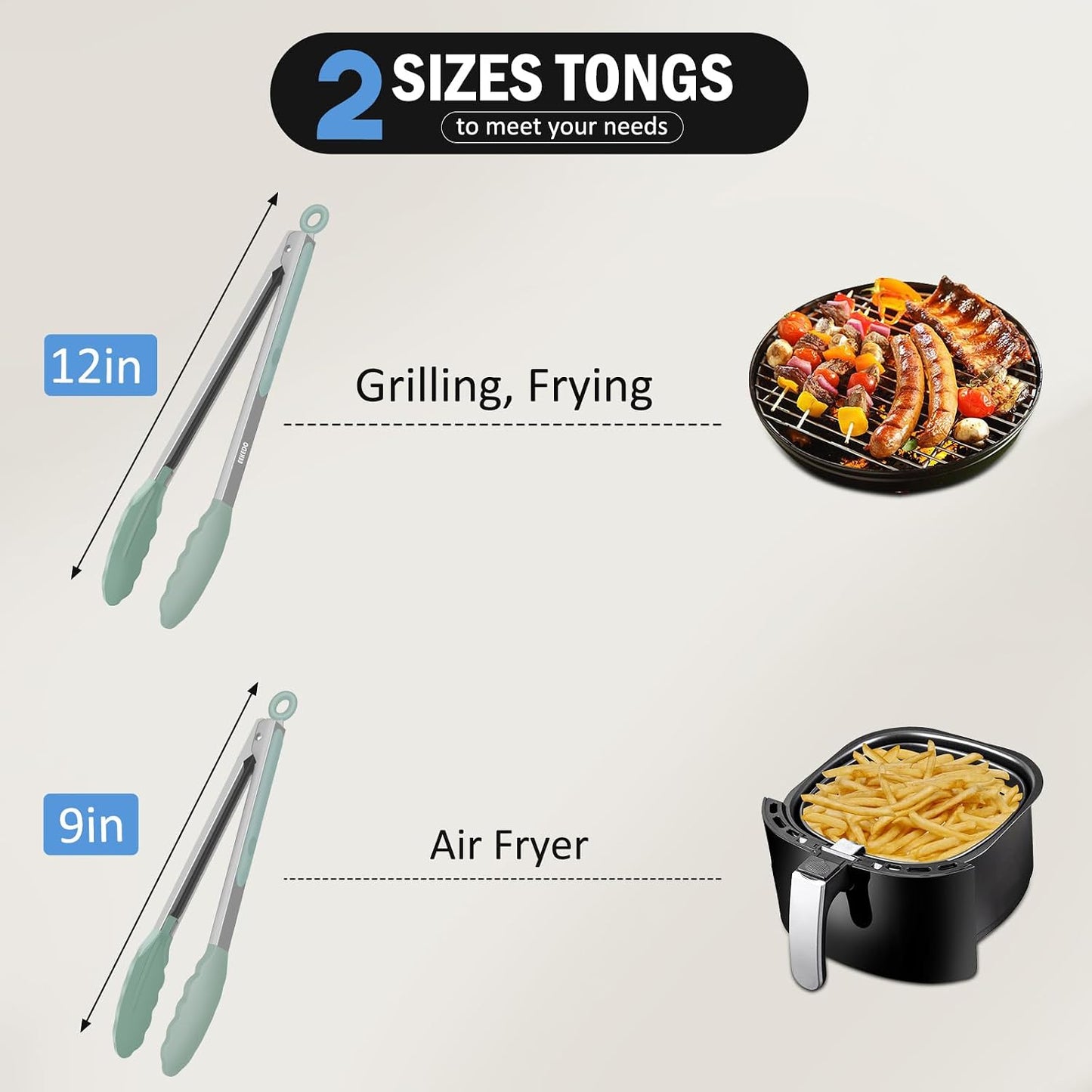 Kitchen Tongs, Stainless Steel Cooking Tongs with Silicone Tips, 600ºF High Heat-Resistant Non Scratch Locking Tongs for Cooking BBQ Grilling Air Fryer Pans, Set of 3 (7" 9" and 12") Black