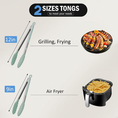 Kitchen Tongs, Stainless Steel Cooking Tongs with Silicone Tips, 600ºF High Heat-Resistant Non Scratch Locking Tongs for Cooking BBQ Grilling Air Fryer Pans, Set of 3 (7" 9" and 12") Black