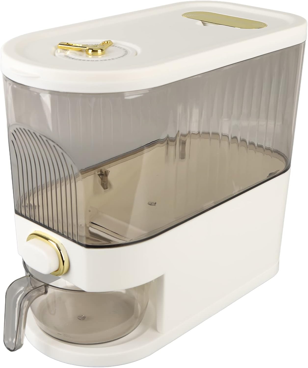 Rice and Grain Storage Container, Clear Rice Dispenser, Food Storage Container with Measuring Cup, Button Operation Dry Food Storage Box Rice Bucket for Cereal, Grain, Beans(L)