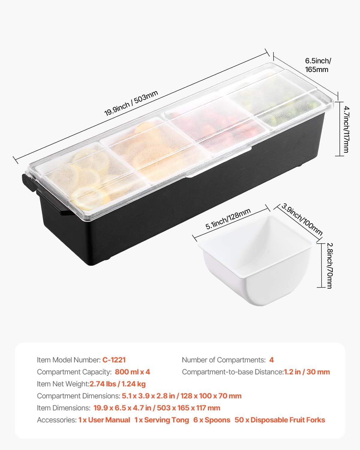 VEVOR Chilled Condiment Server Caddy, 5 Compartment Ice Cooled Serving Container, Plastic Fruit Garnish Tray Platter with Lid, for Taco Salad Bar Accessories, Party Home Restaurant Supplies