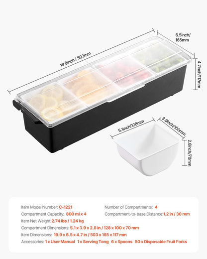 VEVOR Chilled Condiment Server Caddy, 5 Compartment Ice Cooled Serving Container, Plastic Fruit Garnish Tray Platter with Lid, for Taco Salad Bar Accessories, Party Home Restaurant Supplies