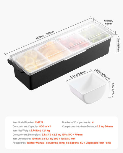 VEVOR Chilled Condiment Server, 4 Compartment Ice Cooled Condiment Serving Container, Chilled Garnish Tray Bar Caddy with Lid, for Bartending & Serving Taco, Salad, Fruit, Home & Restaurant Supplies