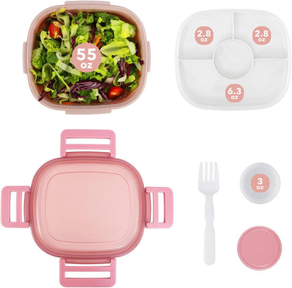 Salad Container for Lunch - 55 oz Salad Bowl with 4-Compartment Bento-Style Tray, 3 oz Sauce Box, Reusable Spork & BPA-Free, Lunch Box for Meal Prep & Food Storage(Gray)