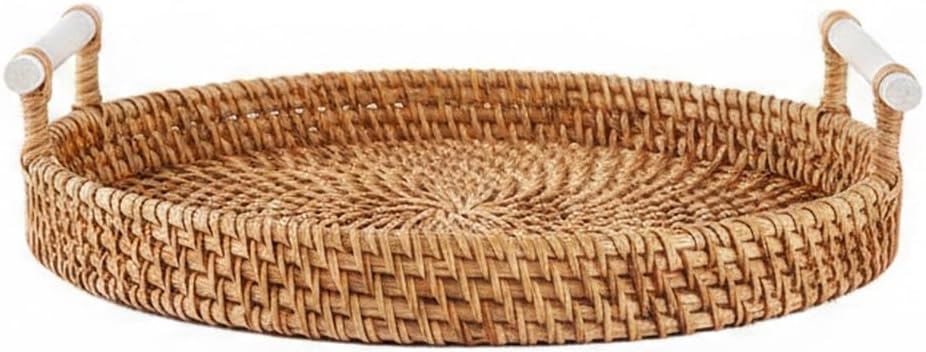 Hand Woven Rattan Basket with Wooden Handle, Natural Open Weave Storage Bin for Countertop Organization, Produce, and Snacks