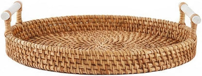 Hand Woven Rattan Basket with Wooden Handle, Natural Open Weave Storage Bin for Countertop Organization, Produce, and Snacks