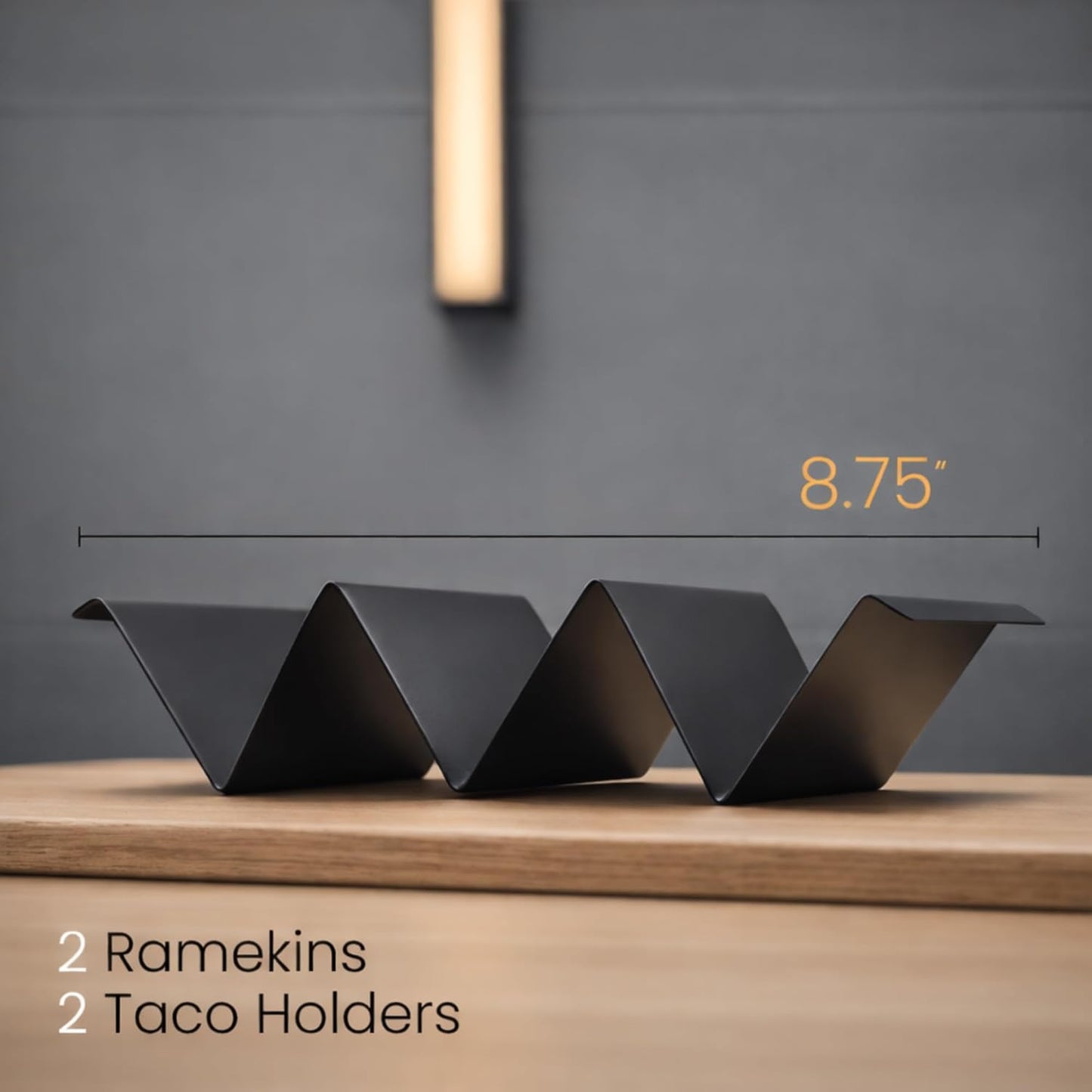 Taco Holders with Sauce Cups (Set of 2) - Black Stainless Steel Taco Stands for 3 Tacos - Dishwasher, Oven & Grill Safe Taco Rack Tray for Home, Parties & Kids by Serro