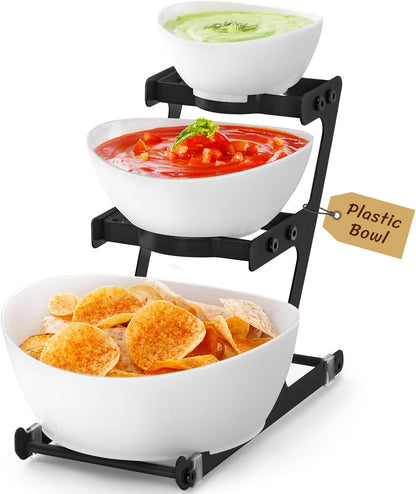 Lifewit 3 Tier Plastic Serving Bowls with Black Metal Stand, Chips and Dip Serving Tray Set for Entertaining Party, Crack-Proof Serving Platters for Fruit/Snack/Candy, 31 x 20 x 27 cm/12 x 8 x 10.6