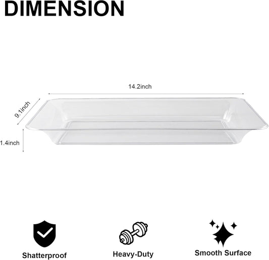 6-Pack 14" x 9" Clear Large Plastic Serving Trays, Reusable Serving Platters for Dessert, Fruit, Snacks, Cookies, Heavy Duty Food Serving Tray for Kitchen, Party
