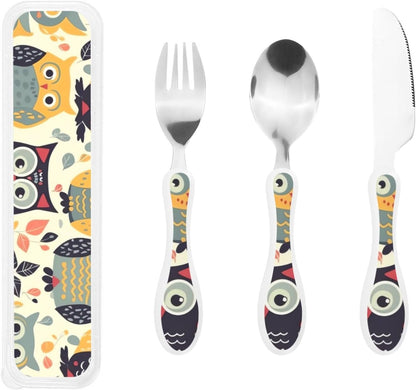 3-Piece Kids Silverware Set With Storage Case, Stainless Steel Reusable Children Safe Knife Spoon Fork Set Animal Cartoon Owls Cute Children Flatware Set For Kids Lunch Box