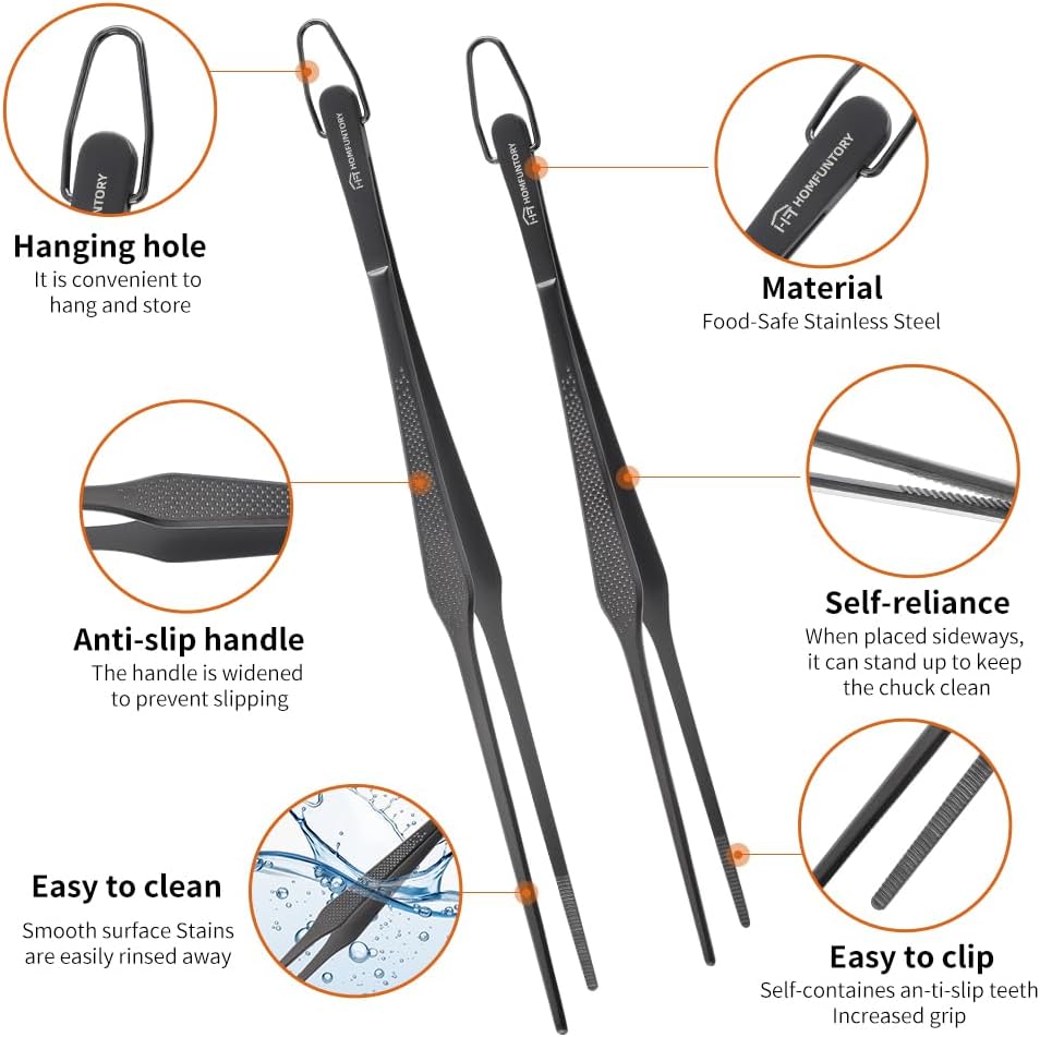 Stainless Steel Cooking Tweezers Set, 10 & 12 Inch Precision Kitchen Tweezers with Star Dot Texture & Elevated Tips | Galaxy Grip Series, 4-Piece (Silver)