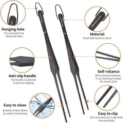 Stainless Steel Cooking Tweezers Set, 10 & 12 Inch Precision Kitchen Tweezers with Star Dot Texture & Elevated Tips | Galaxy Grip Series, 4-Piece (Silver)