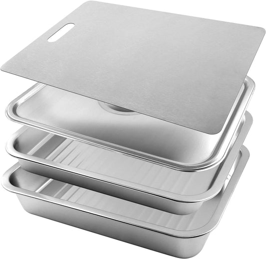 Grilling Prep and Serve Tays, 4pcs Stainless Steel Large Capacity Food Prep Tray Grill Carry System, BBQ Grill Tray Set Marinade Container with Lid and Cutting Board for Outdoor(Color:Silver)