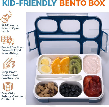 kinsho Bento Lunch-Box Set for Kids includes Snack Container | 6 and 3 Compartment Boxes Leakproof School Bentos, Meal Portion Control Containers, Boys Girls Adults, Navy Blue Large + MINI 2 Pack Set