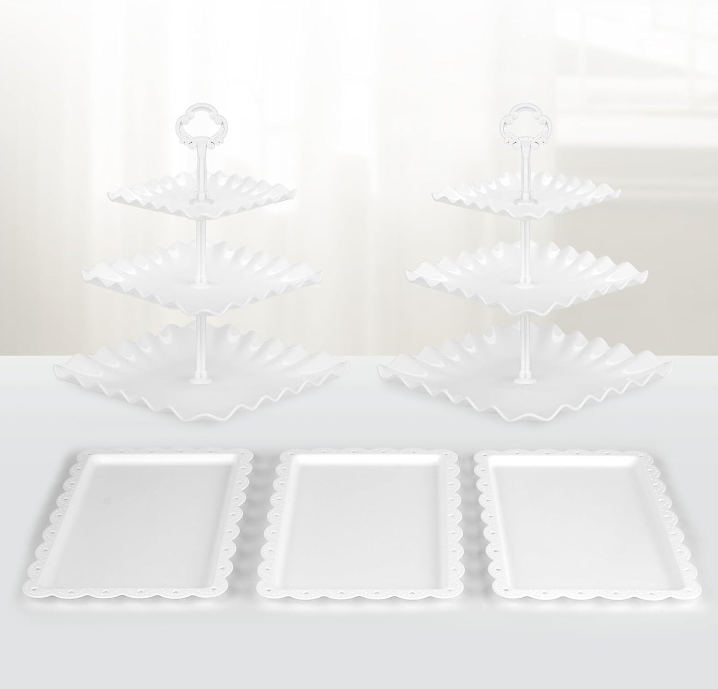 NWK 5 Piece Cake Stand Set with 2 x Large 3-Tier Cupcake Stands, 3 x Appetizer Trays, for Wedding Birthday Baby Shower Tea Party Decorations (Pink)