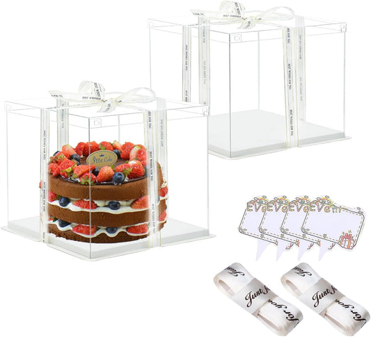 Clear Cake Box, 2 Pcs Transparent Cake Carrier Box with Lids, 4'' PET Packaging Boxes with Ribbon Gift Card for Pastries, Clear Gift Boxes for Birthday, Wedding and Festival Party, White.