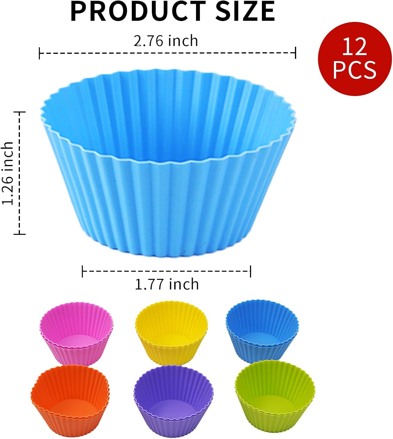 12 Pack Reusable Baking Silicone Molds, Round Cupcake Liners, Silicone Baking Cups Multicolor, Easy Clean, Heat Resistant, Muffin Cups for Homemade Birthday